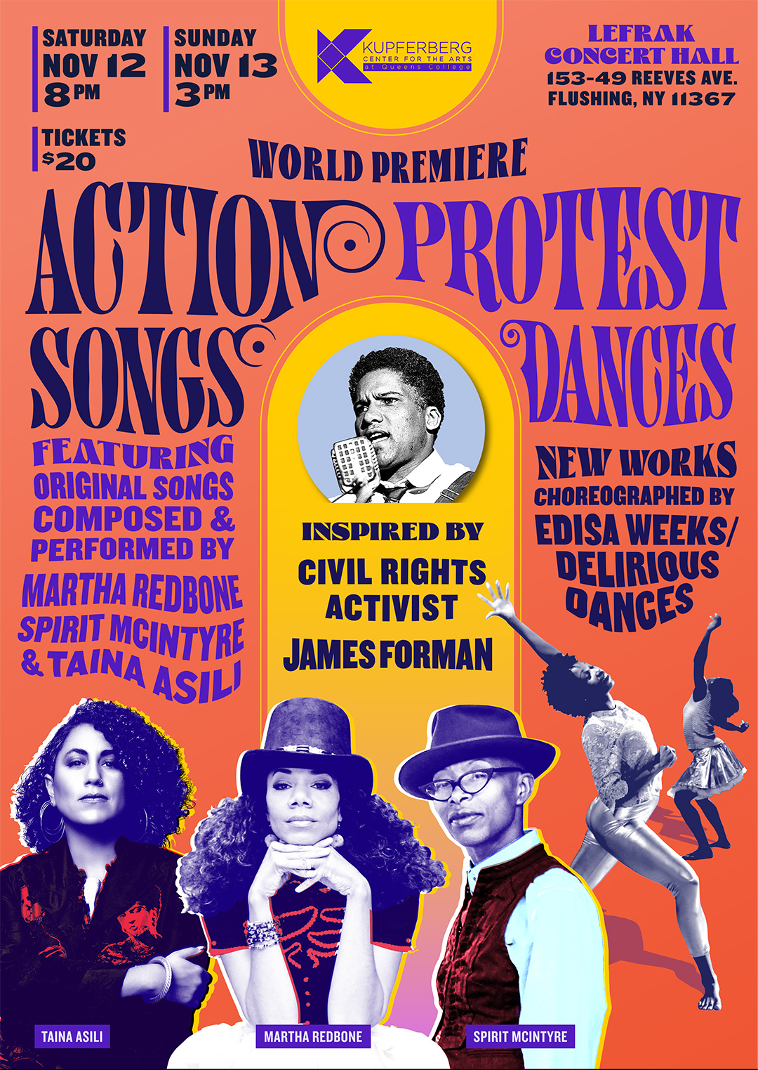 the colorful orange, yellow, purple and blue poster for the World Premiere of Action and Protest Songs.. 